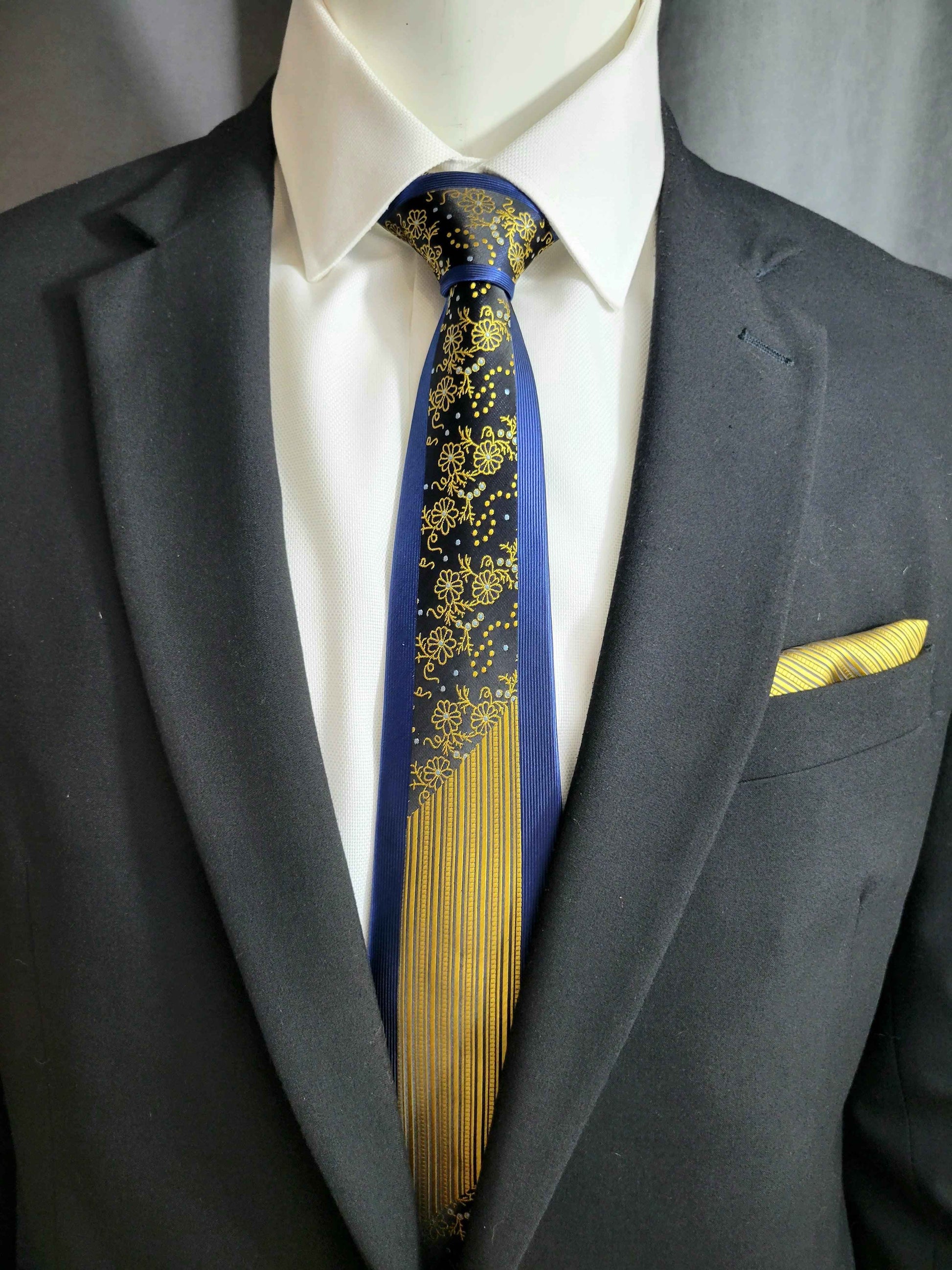 Blue and Yellow Geometric Necktie and Pocket Square Set