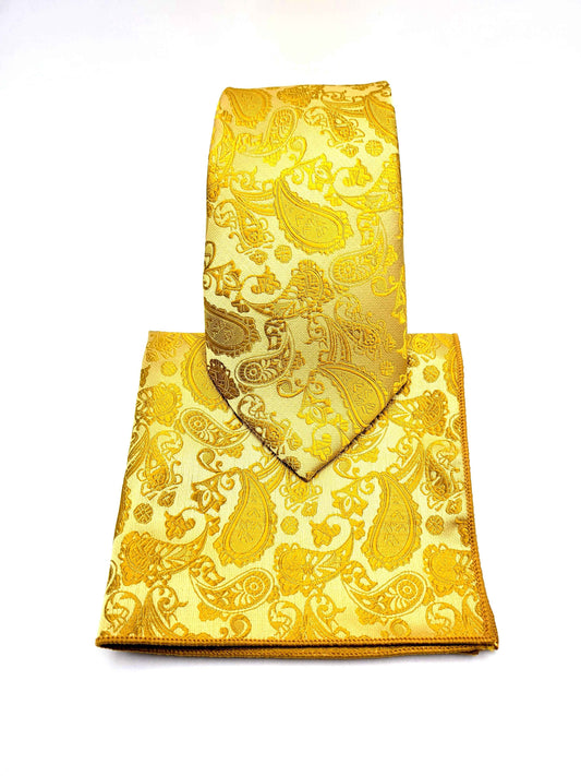 Gold Paisley Necktie and Pocket Square Set