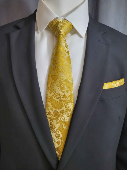 Gold Paisley Necktie and Pocket Square Set