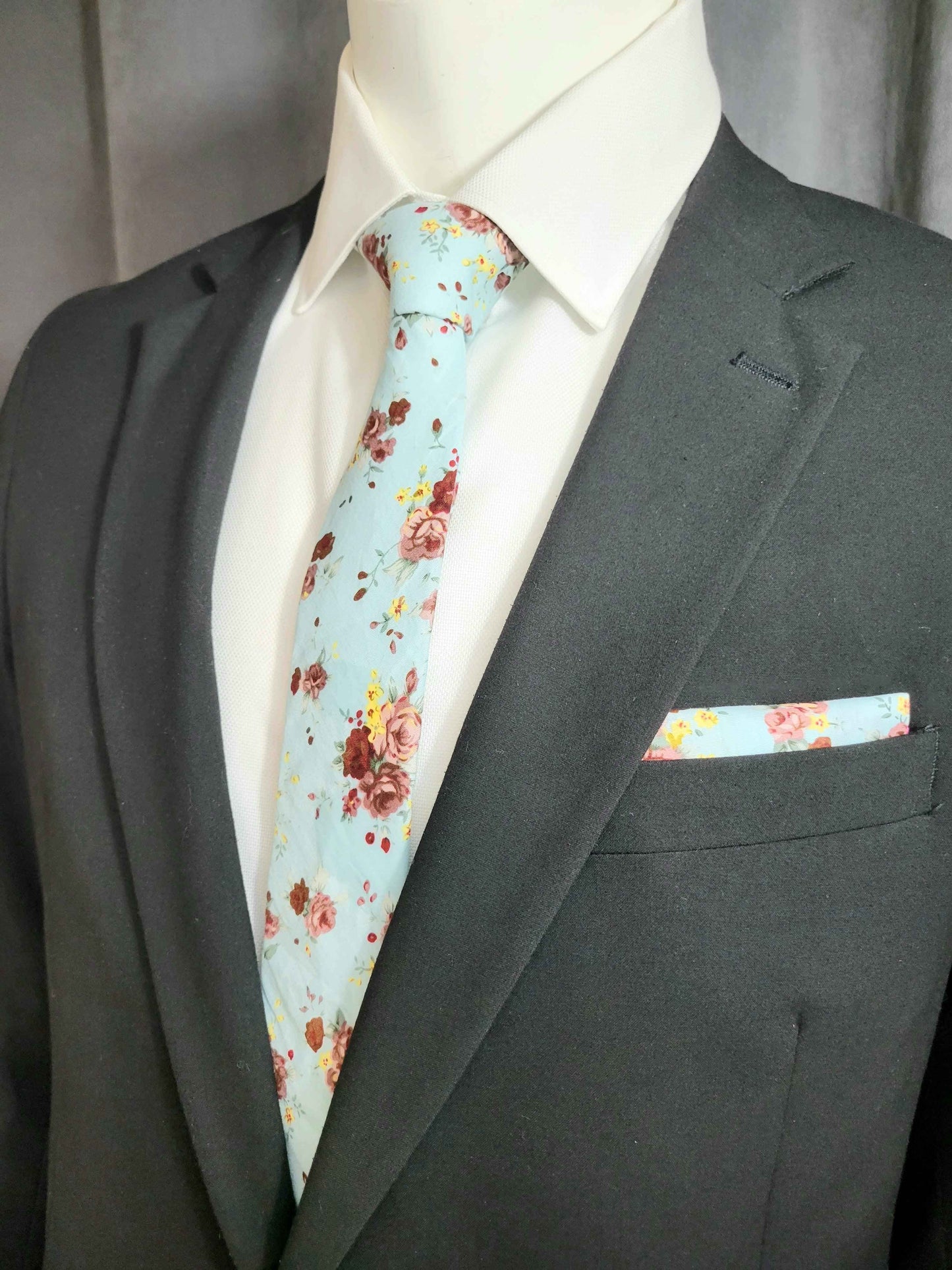 Multi-Color (Light Blue Base)Floral Necktie and Pocket Square Set
