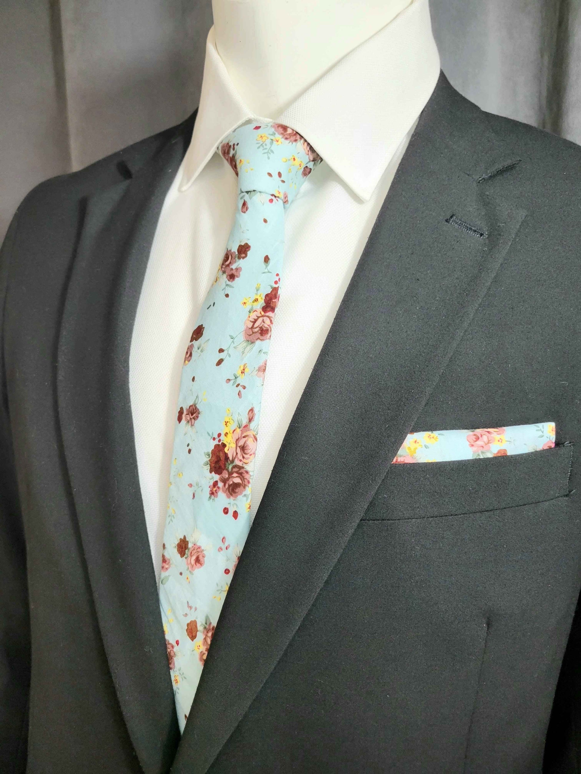 Multi-Color (Light Blue Base)Floral Necktie and Pocket Square Set