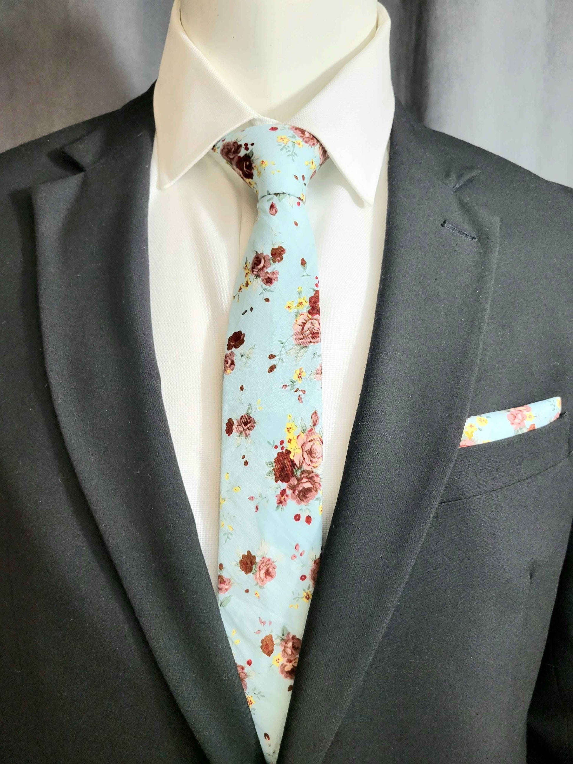 Multi-Color (Light Blue Base)Floral Necktie and Pocket Square Set
