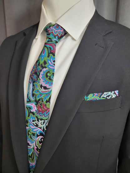 Peacock Colored Paisley Necktie and Pocket Square Set