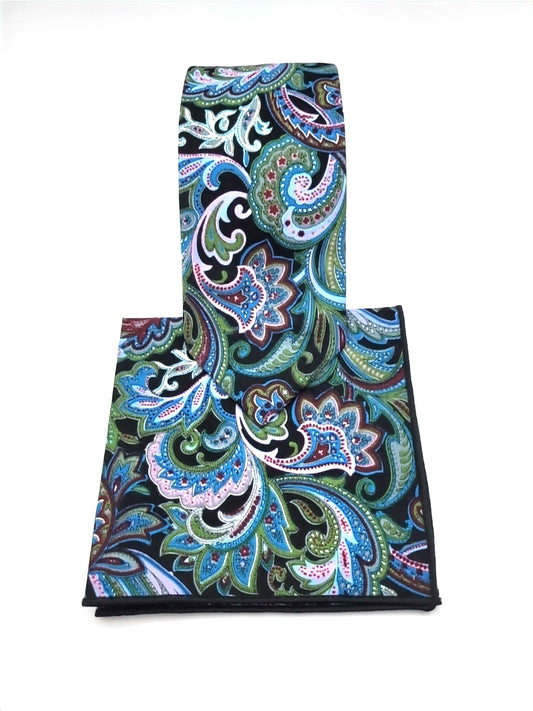 Peacock Colored Paisley Necktie and Pocket Square Set