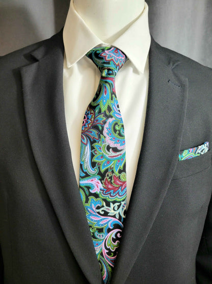 Peacock Colored Paisley Necktie and Pocket Square Set