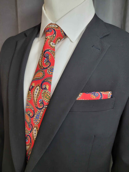 Multi-Color (Red Base) Paisley Necktie and Pocket Square Set